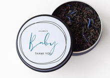 Customizable tin container with lid, containing loose leaf tea for Baby Boy Shower by Lulu Island Honey
