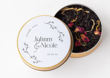 Customizable tin container with lid, containing loose leaf tea, with a 'Thank you' and names printed on the label by Lulu Island Honey
