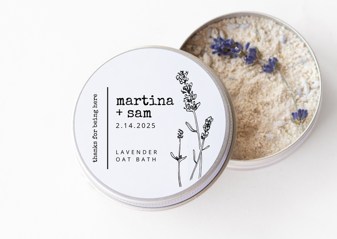 LAVENDER OAT MILK BATH wedding favour tins (2 oz)