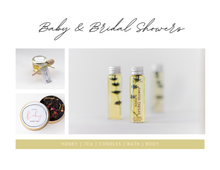 Baby and bridal shower favours with honey, tea, candles, and bath products by Lulu Island Honey