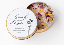 Bath salt tin with decorative elements and 'Soak in the Love' text by Lulu Island Honey
