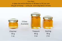 Lulu Island Honey Three jars of honey with labels indicating size and weight, and a fun fact about bee labor.