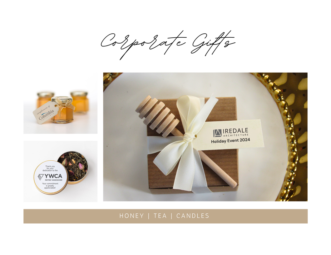 Corporate gift items including honey, tea, and candles by Lulu Island Honey