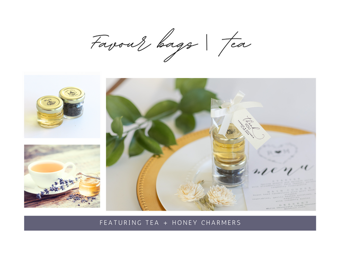Honey and tea favor bag in clear packaging, ideal for weddings and client gifting by Lulu Island Honey.