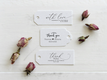 Three white tags with personalized text and dried flowers by Lulu Island Honey