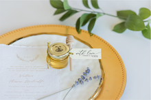 1 oz honey jar in classic style with cream tags and gold loops, handmade by Lulu Island Honey. Perfect for wedding favors or tea parties.