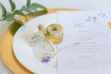 1 oz honey jar in vintage style with kraft tag and gold ribbon, handmade by Lulu Island Honey. Perfect for wedding favors or tea parties.