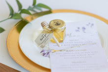 2 oz honey jar in vintage style with kraft tag and gold ribbon, handmade by Lulu Island Honey. Perfect for wedding favors or tea parties.