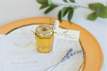 3 oz honey jar in classic style with cream tag and gold loops, handmade by Lulu Island Honey. Perfect for wedding favors or tea parties.
