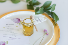 3 oz honey jar in luxe style with white tag and gold loops, handmade by Lulu Island Honey. Perfect for wedding favors or tea parties.