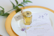 3 oz honey jar in vintage style with kraft tag and gold ribbon, handmade by Lulu Island Honey. Perfect for wedding favors or tea parties.