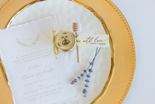 Top view honey jar in classic style with cream tag and gold loops, handmade by Lulu Island Honey. Perfect for wedding favors or tea parties.